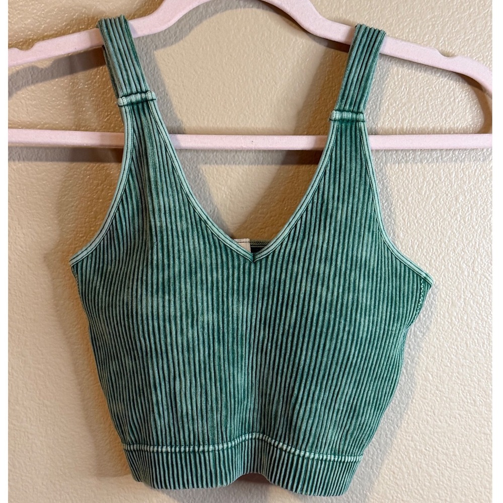 Zenana Women's Ribbed Padded Brami Crop Top Square Neck Green L/XL